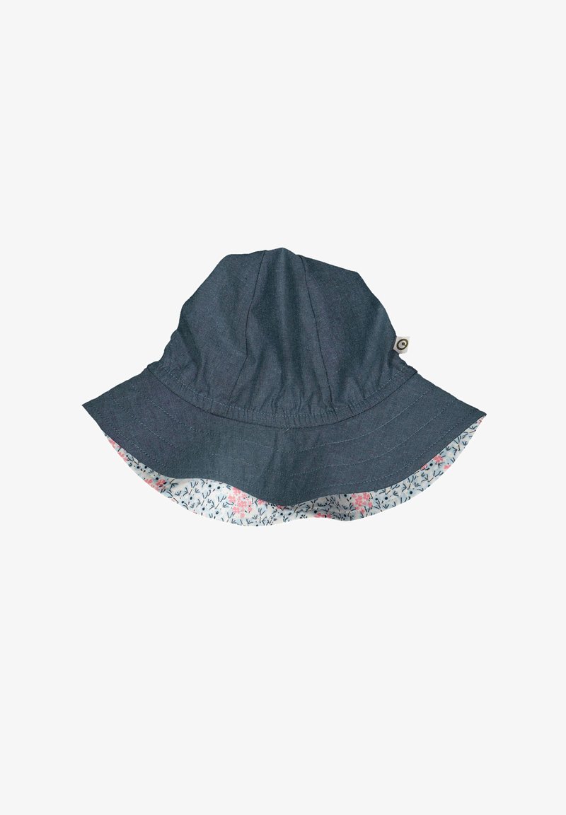 Blauwe denim zonnehoed met een brede rand, voorzien van een onderkant met een bloemenpatroon in pasteltinten. Zacht stof, casual ontwerp en lichtgewicht textuur.