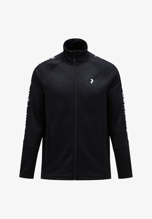 Black zip-up jacket with high collar, raglan sleeves, side zip pockets, and white text accents on arms. Soft, smooth fabric texture.