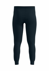 Navy blue leggings made from a stretchy fabric, featuring a fitted design, ribbed cuffs, and a smooth texture throughout.
