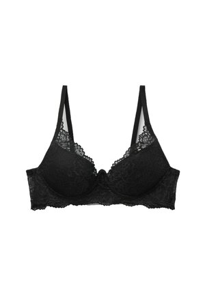 Schwarzer Spitzen-BH mit Bügel, verstellbaren Trägern und floralen Musterdetails auf Cups und Band.