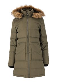Olivengrøn pufferjakke med aftagelig faux fur hætte, lynlås foran, to sidelommer og tekstureret quiltet design.