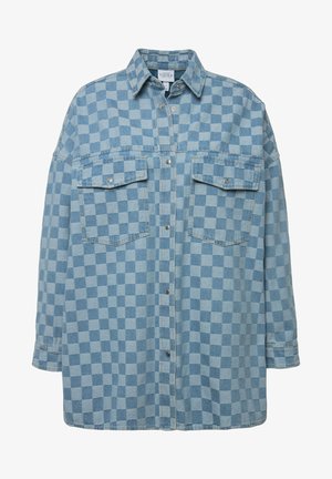 Checkered denim shirt in light blue, featuring a button-down front, two chest pockets, and a classic collar with a relaxed fit.