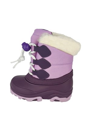 Botte d’hiver pour enfant en violet et rose clair avec doublure en polaire blanche et fermeture à lacet réglable avec toggle.