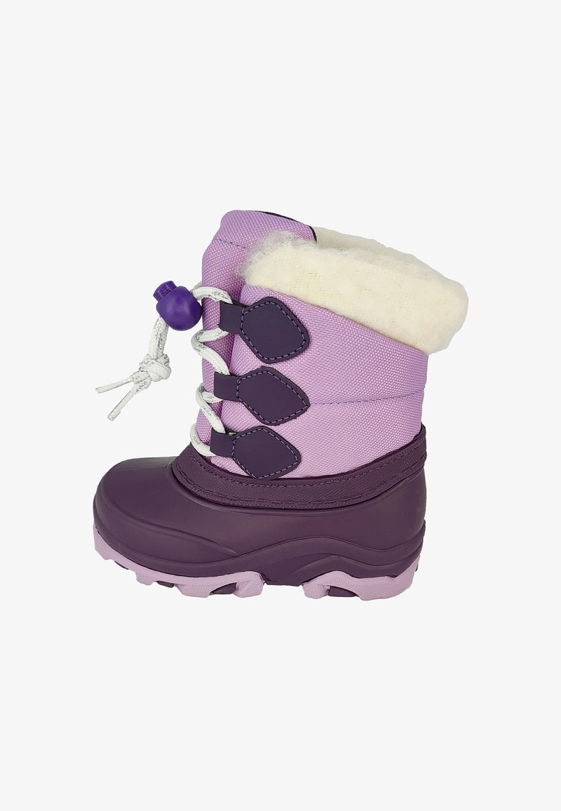 Botte d’hiver pour enfant en violet et rose clair avec doublure en polaire blanche et fermeture à lacet réglable avec toggle.