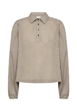 Dlhý rukáv, hnedo-biela károvaná blúzka s vypasovaným golierom a tromi hnedými gombíkmi na prednom leme.