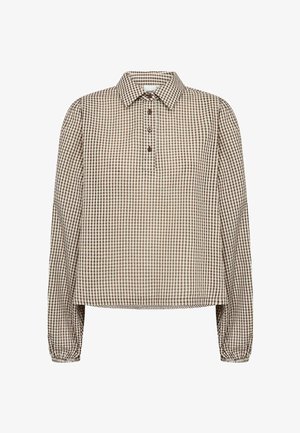 Bluză cu mâneci lungi, în carouri maro și alb, cu guler ascuțit și trei nasturi maro pe fenta frontală.