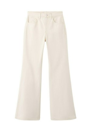 Off-white wide-leg jeans with front button, zipper, belt loops, and two front pockets, displayed against a white background.