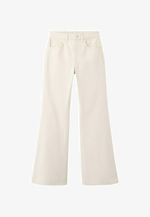 Off-white wide-leg jeans with front button, zipper, belt loops, and two front pockets, displayed against a white background.