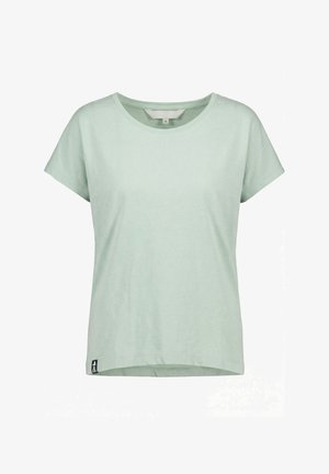 Hellgrünes T-Shirt mit kurzen Ärmeln und Rundhalsausschnitt, mit einem kleinen schwarzen Markenlabel nahe dem Saum, Größe S.