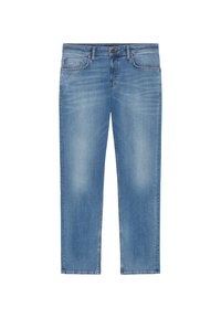 Jeans i denimblå med klassisk snitt, med fem lommer, subtil falming og knappelukking. Glatt tekstur og rett ben-design.
