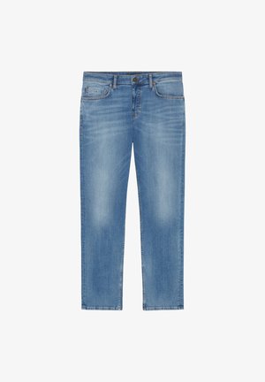 Calças de ganga azul com um corte clássico, apresentando cinco bolsos, um leve desbotamento e fecho de botão. Textura suave e design de perna reta.