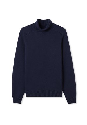 Mörkblå oversized turtlenecktröja i mjukt stickat material. Har ribbade muddarna och nederkant, med sänkt axelsöm för en avslappnad passform.