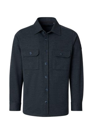 Dunkelgraues, langärmliges Hemd mit Knopfleiste, spitzem Kragen und zwei mit Knöpfen verschließbaren Brusttaschen, gefertigt aus strukturiertem Stoff.