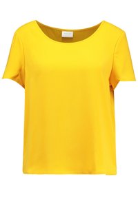 Haut jaune à manches courtes avec un col rond, fabriqué en tissu lisse. Design simple sans motifs visibles ni détails matériels.