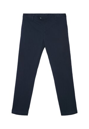 Marineblaue Baumwollhose mit flacher Front, geraden Beinen, sichtbarem Knopf- und Reißverschluss sowie Standard-Gürtelschlaufen.