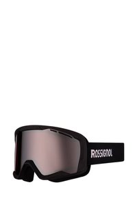 Černé lyžařské brýle s zrcadlovými skly, měkkým pěnovým polstrováním a nastavitelným popruhem se znakem "ROSSIGNOL". Aerodynamický design; žádné viditelné kovové části.