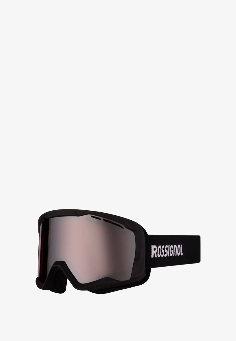 Černé lyžařské brýle s zrcadlovými skly, měkkým pěnovým polstrováním a nastavitelným popruhem se znakem "ROSSIGNOL". Aerodynamický design; žádné viditelné kovové části.