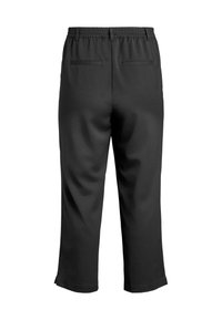 Melni kroplie bikses ar gludu tekstūru, elastīgu jostasvietu un divām aizmugurējām kabatām. Tām ir taisnas kājas dizains un salocīti apšuvumi.