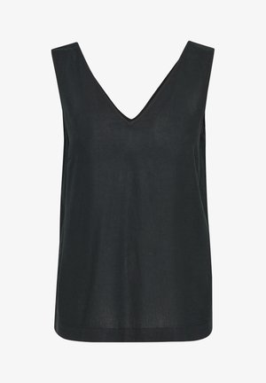 Schwarzes, ärmelloses Top mit V-Ausschnitt, aus leichtem Stoff, mit einem schlichten Design und einem leicht lockeren Schnitt.