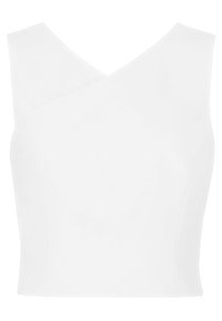 Top corto bianco senza maniche con scollatura a V e spalline asimmetriche che si incrociano davanti, caratterizzato da una silhouette aderente.
