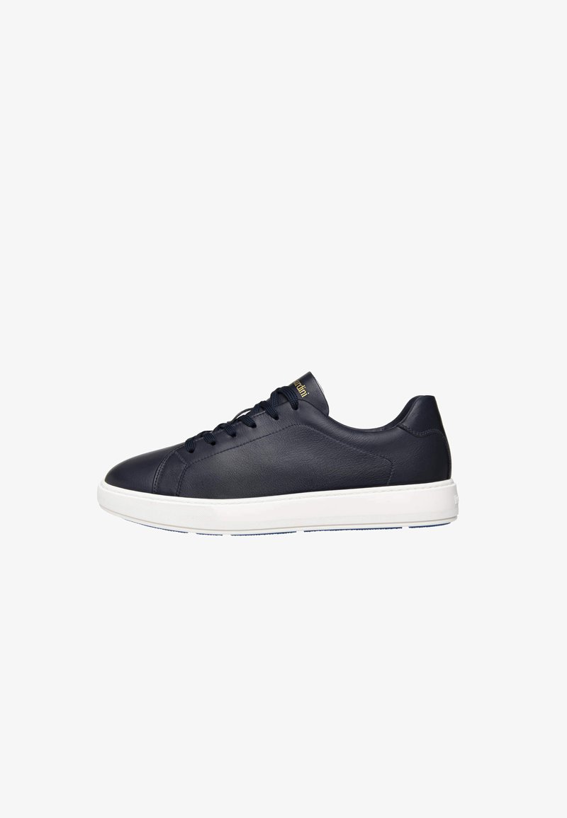 Navy leather sneakers with white rubber sole, round toe, flat laces, and subtle branding on the tongue. Smooth texture and minimalist design.