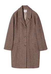 Abrigo de espiga marrón con cuello de muesca, tres botones y bolsillos laterales; confeccionado en un tejido texturizado, con un corte holgado.