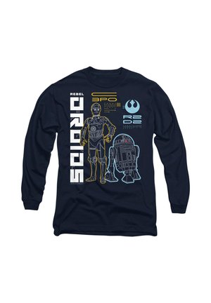 Marineblaue Langarmbluse mit grafischen Designs von C-3PO und R2-D2 in Gelb und Blau, mit dem Text "Rebellenandroiden."