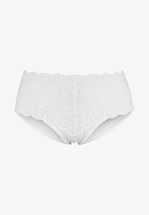 White lace panties featuring intricate floral patterns, a scalloped waist, and a smooth fabric body, designed for comfort and style.