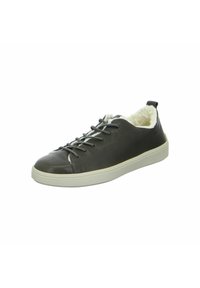 Dunkelgrüne Leder-Sneaker mit strukturiertem Finish, weißem Kunstfellfutter und Gummisohle. Mit Schnürdesign und einer Lasche hinten.