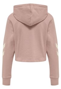 Felpa rosa tagliata con cappuccio, maniche lunghe e strisce bianche diagonali sulle maniche. Tessuto morbido con una texture liscia.
