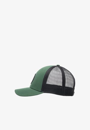 Green cap with a solid front and black mesh back. Features a curved brim and a round logo patch on the front panel.