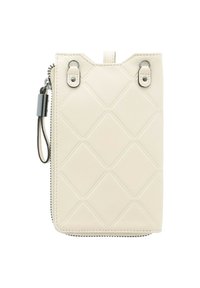 Quilted cream leather pouch with a rectangular shape, featuring silver hardware, a zip closure, and two top loops for straps.
