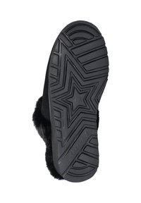 Zwarte zool met een textuurpatroon, featuring een sterontwerp en "Skechers" branding. Zacht, plush materiaal omringt de rand.