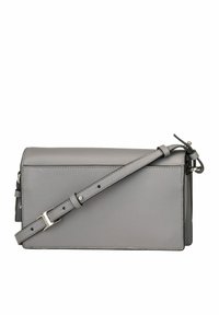 Gray leather crossbody bag with a textured finish, adjustable strap, and minimalistic design. Features silver hardware and a flap closure.