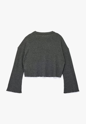 Kurz geschnittenes, langärmliges Oberteil aus dunkelgrauem Rippstoff. Verfügt über weite Ärmel mit rohen Kanten, einen runden Ausschnitt und ein strukturiertes Design.