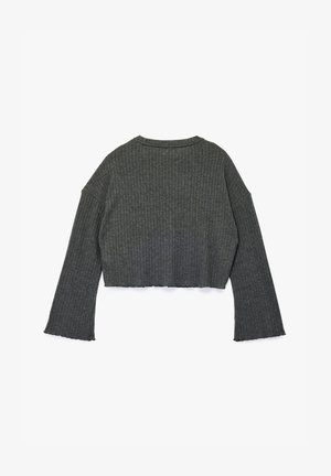 Cropped, long-sleeve top in dark gray ribbed fabric. Features wide sleeves with raw edges, round neckline, and textured design.