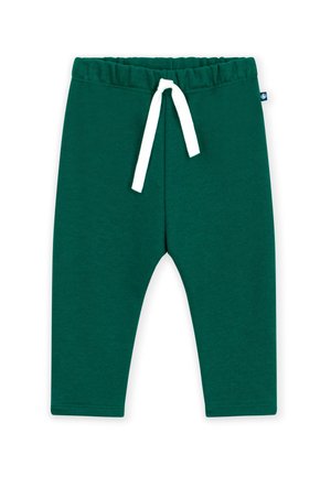 Pantalon enfant vert foncé avec taille élastique et cordon blanc noué à l'avant sur fond blanc.