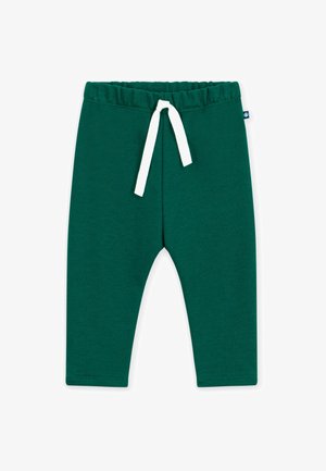 Dunkelgrüne Kinderhose mit elastischem Bund und weißem Kordelzug, vorne gebunden, auf weißem Hintergrund.