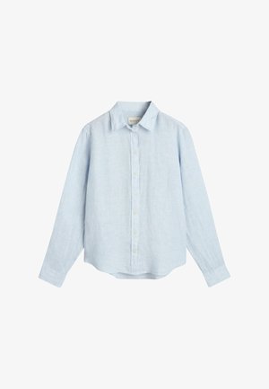 Camisa de lino de manga larga azul claro con cuello abotonado, placket frontal y dobladillo ligeramente curvado. Tejido texturizado con un corte casual.