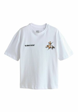 White T-shirt with "The Spirit of the West" text and small graphic of a cowboy riding a bucking horse on the upper front.