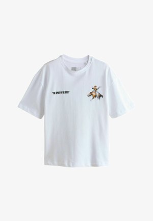 White T-shirt with "The Spirit of the West" text and small graphic of a cowboy riding a bucking horse on the upper front.