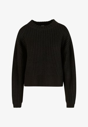 Suéter negro de punto con textura acanalada, cuello redondo y mangas largas. Diseño corto con un ajuste holgado. Sin patrones visibles ni elementos metálicos.