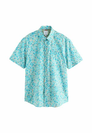 Camicia a maniche corte con bottoni, fondo blu e motivo floreale in tonalità arancioni e verdi.