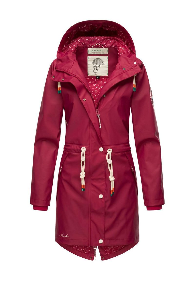 Waterproof pink raincoat with a hood, drawstring waist, and decorative toggles. Interior features a patterned lining. Zipper and snap closures.