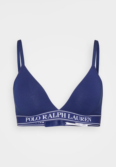 Marinblå triangelbehå med tunna band och en bred elastisk rem med vit "POLO RALPH LAUREN" logotyp. Slät yta och enkel design.