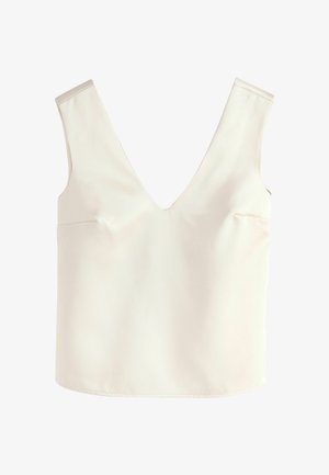 Top de culoare crem, cu decolteu adânc în V, bretele late, design structurat și textură fină. Fără hardware sau modele vizibile.