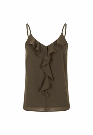 Olivengrøn camisole med tynde stropper, der har et frontflæsedesign og en blød tekstur. Lige kant med et let materiale.