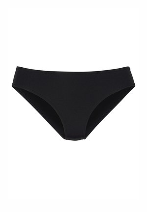 Schwarze Bikinihose mit glatter Textur, niedrigem Schnitt und breitem elastischem Bündchen. Schlichte, klassische Form ohne Muster oder Akzente.