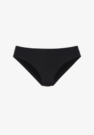 Zwarte bikinibroek met een zachte textuur, lage taille en brede elastische tailleband. Eenvoudige, klassieke vorm zonder patronen of accenten.