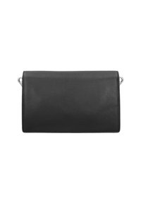 Borsa a pochette in pelle nera con una texture liscia, forma rettangolare e dettagli in metallo argento sui lati per il fissaggio della tracolla.